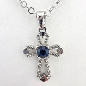Vtg‎ NICE & BELLA Cross Necklace Blue Crystal Open 18K White Gold Bonded 19"